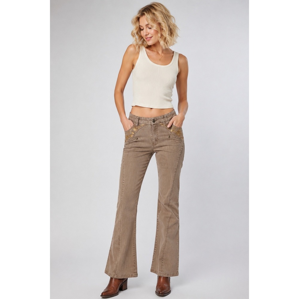 Malianlu Flare Jeans Brown Floral Embroidered Rhinestone Western Y2K Boho